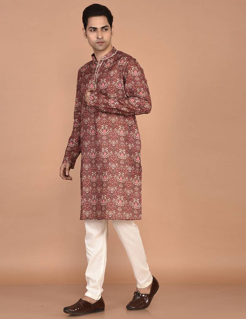 Men's floral printed mandarin collar cotton kurta