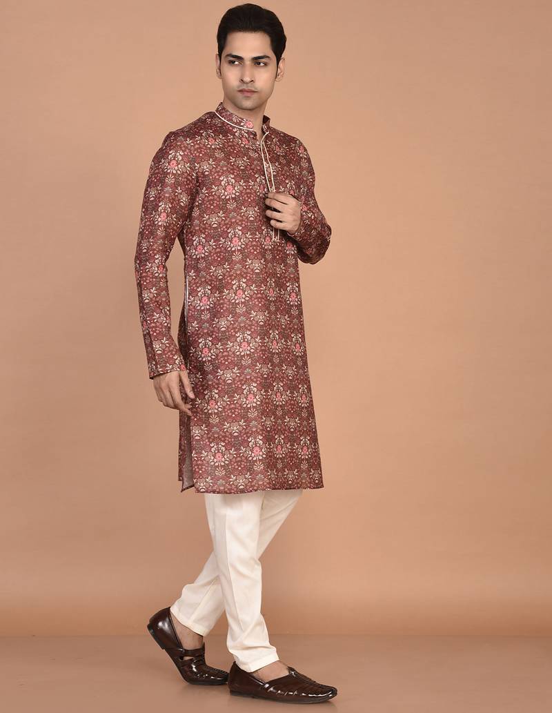 Men's floral printed mandarin collar cotton kurta