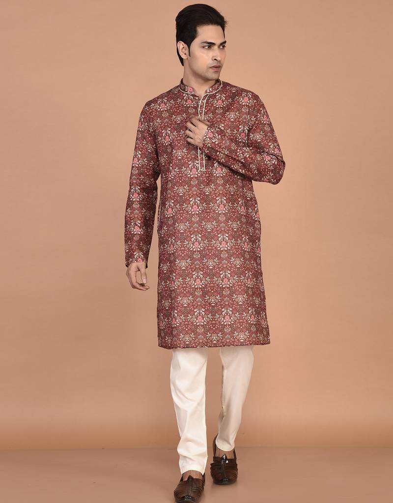 Men's floral printed mandarin collar cotton kurta