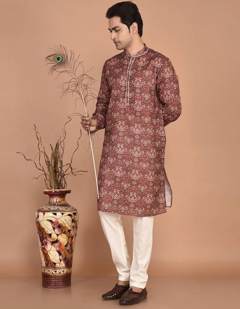 Men's floral printed mandarin collar cotton kurta