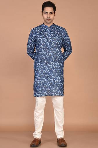 Men's floral printed mandarin collar cotton kurta