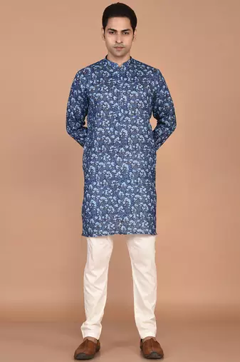 Men's floral printed mandarin collar cotton kurta