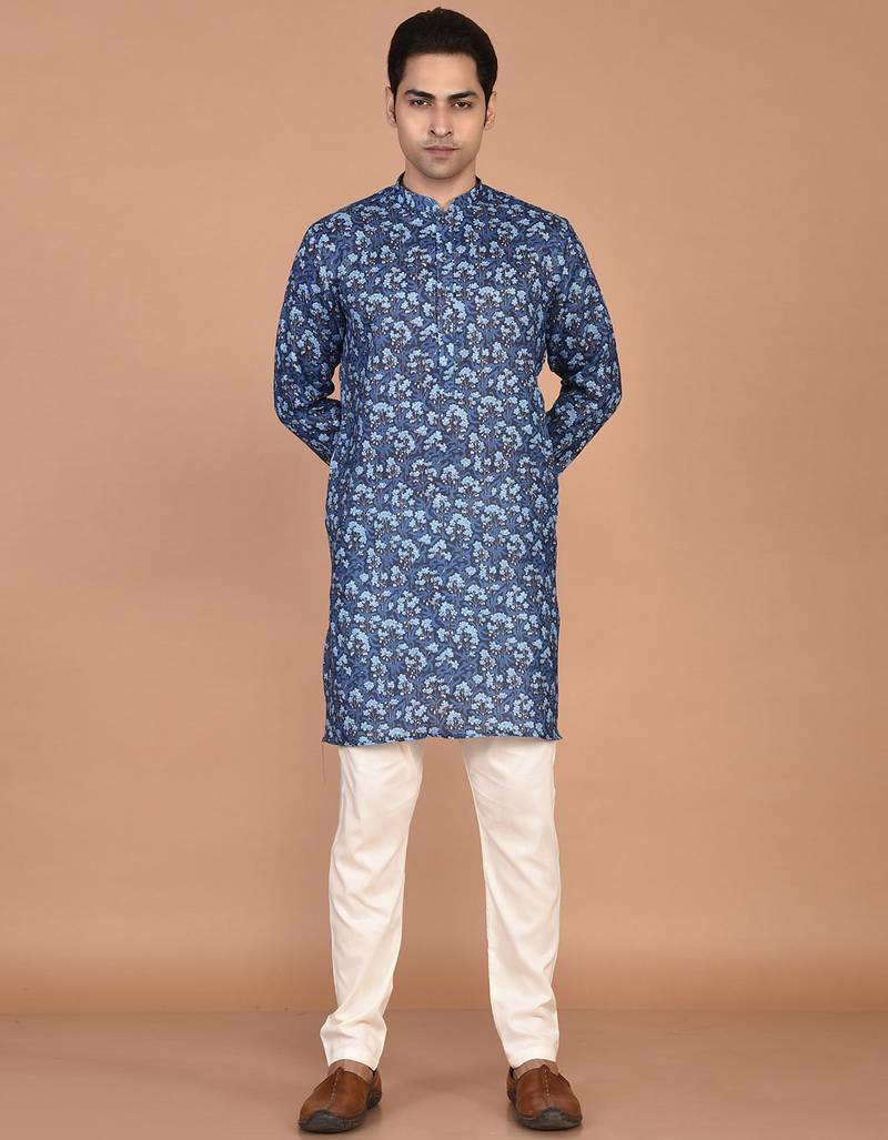 Men's floral printed mandarin collar cotton kurta