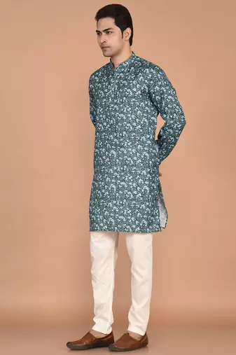 Men's floral printed mandarin collar cotton kurta