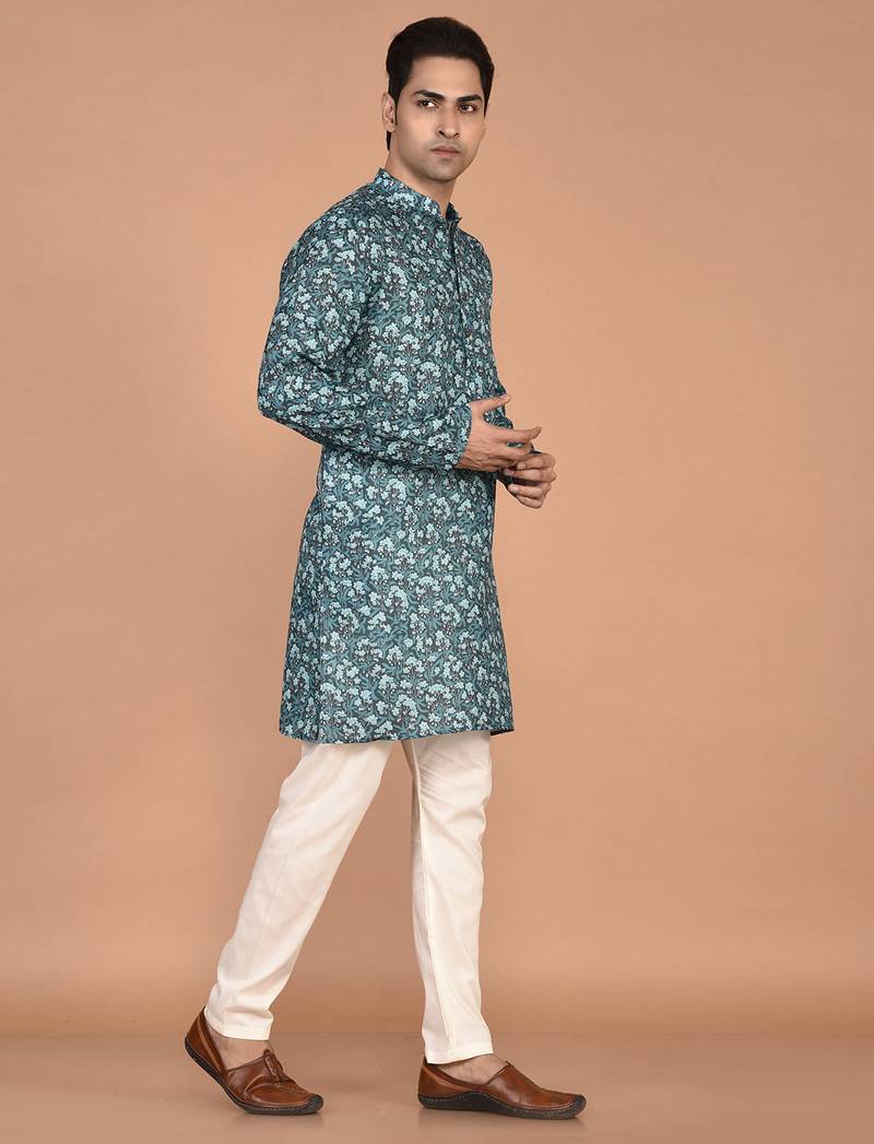 Men's floral printed mandarin collar cotton kurta