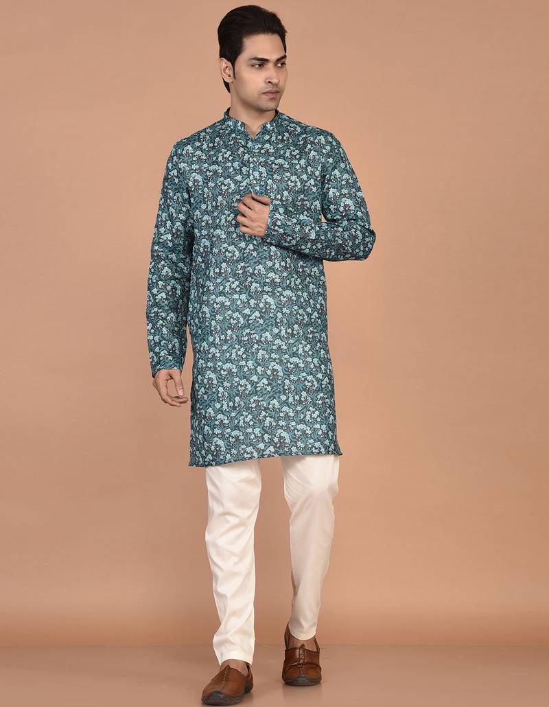 Men's floral printed mandarin collar cotton kurta