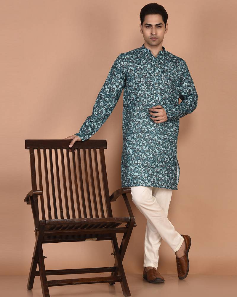 Men's floral printed mandarin collar cotton kurta