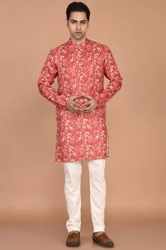 Men's floral printed mandarin collar cotton kurta