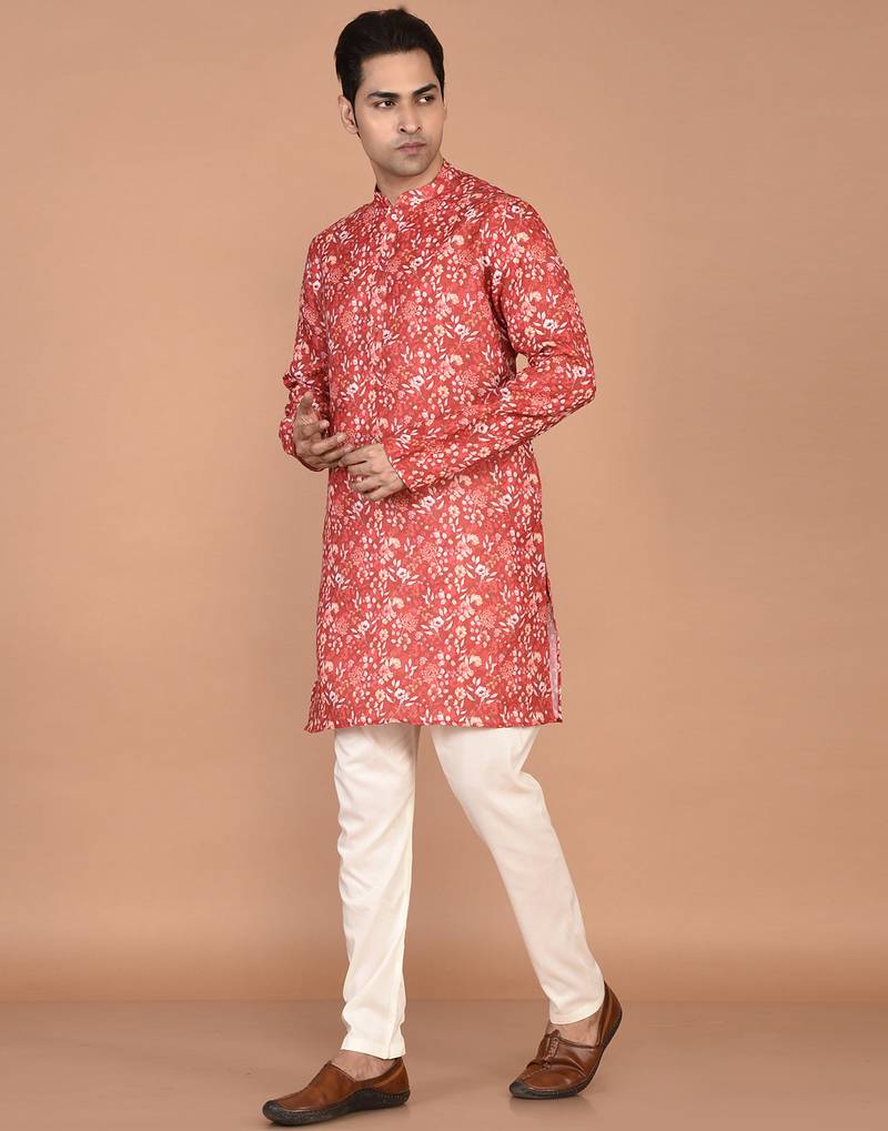 Men's floral printed mandarin collar cotton kurta