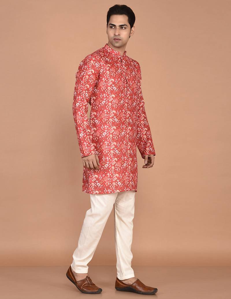 Men's floral printed mandarin collar cotton kurta