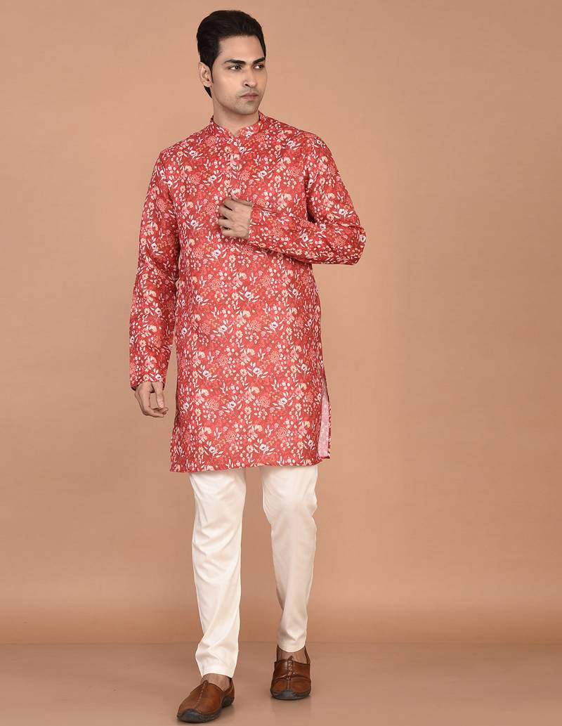 Men's floral printed mandarin collar cotton kurta