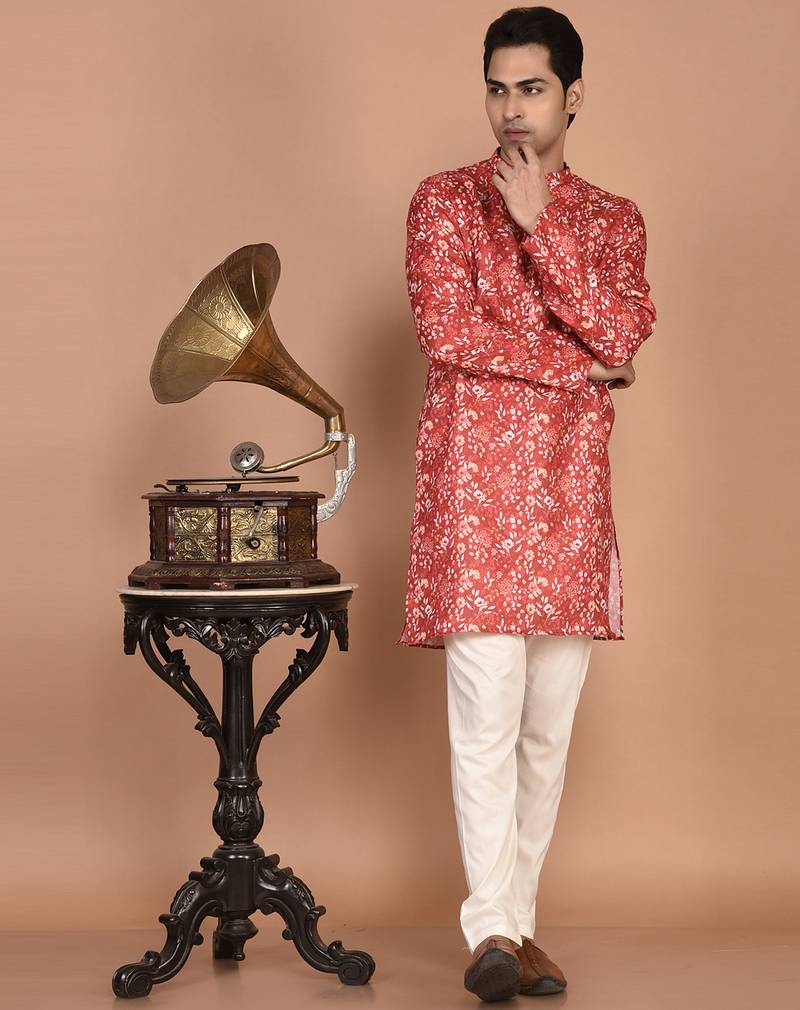 Men's floral printed mandarin collar cotton kurta