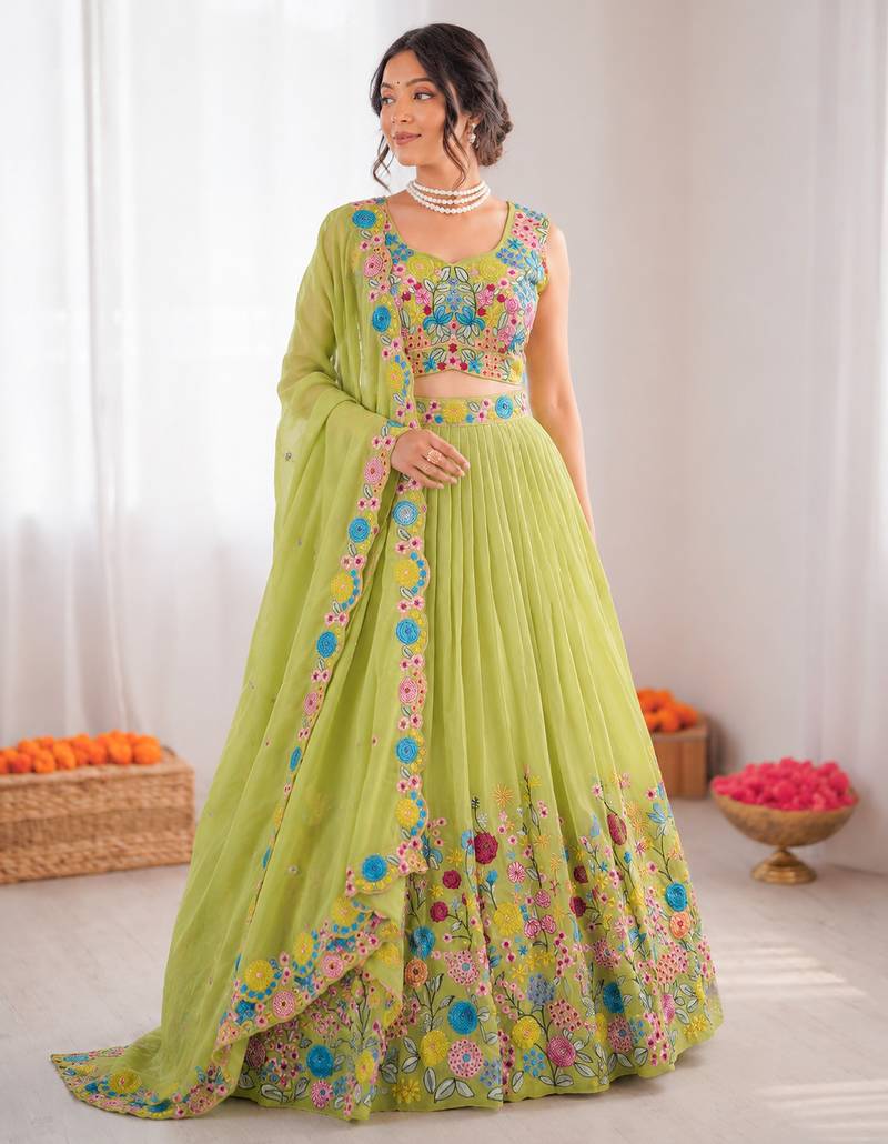 parrot green organza silk thread sequin lehenga choli set