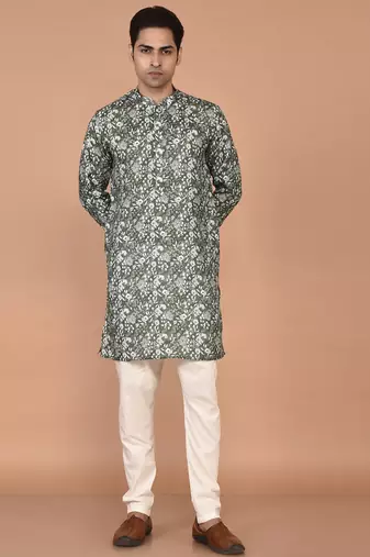 Men's floral printed mandarin collar cotton kurta