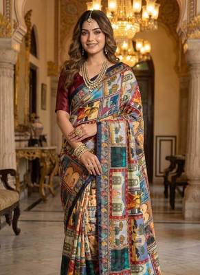 Multi Color Printed And Mirror Work Silk Blend Saree 1
