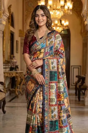 Multi Color Printed And Mirror Work Silk Blend Saree