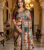 Multi Color Printed And Mirror Work Silk Blend Saree