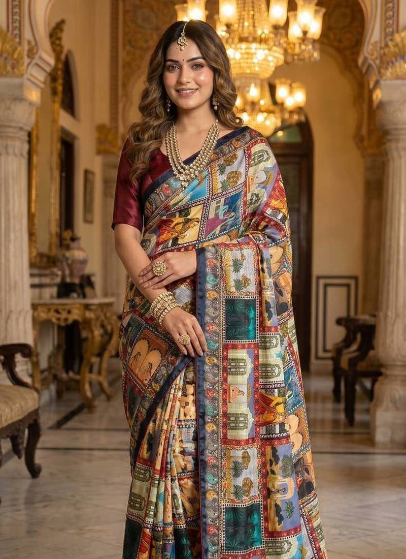 Multi Color Printed And Mirror Work Silk Blend Saree