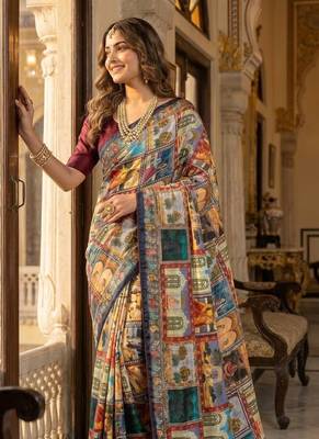 Multi Color Printed And Mirror Work Silk Blend Saree 2