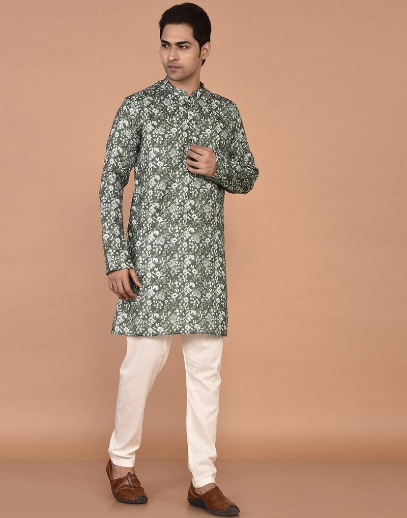 Men's floral printed mandarin collar cotton kurta