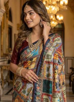 Multi Color Printed And Mirror Work Silk Blend Saree 3