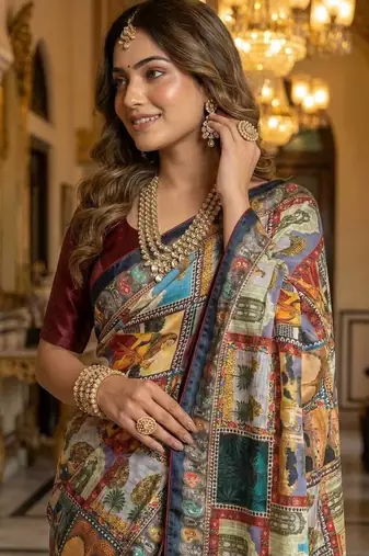Multi Color Printed And Mirror Work Silk Blend Saree