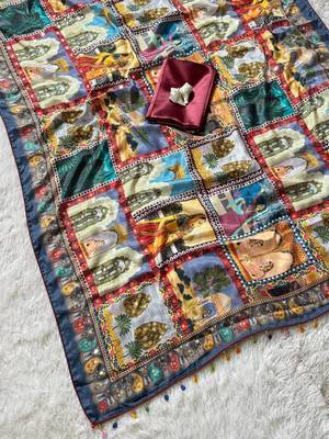 Multi Color Printed And Mirror Work Silk Blend Saree 4