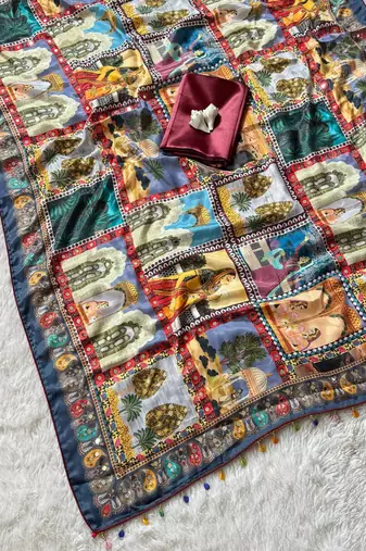 Multi Color Printed And Mirror Work Silk Blend Saree