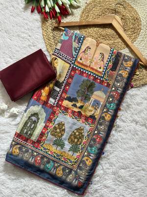 Multi Color Printed And Mirror Work Silk Blend Saree 5