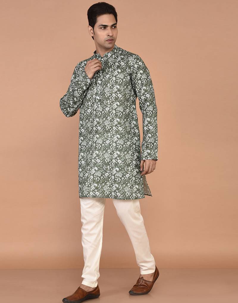 Men's floral printed mandarin collar cotton kurta