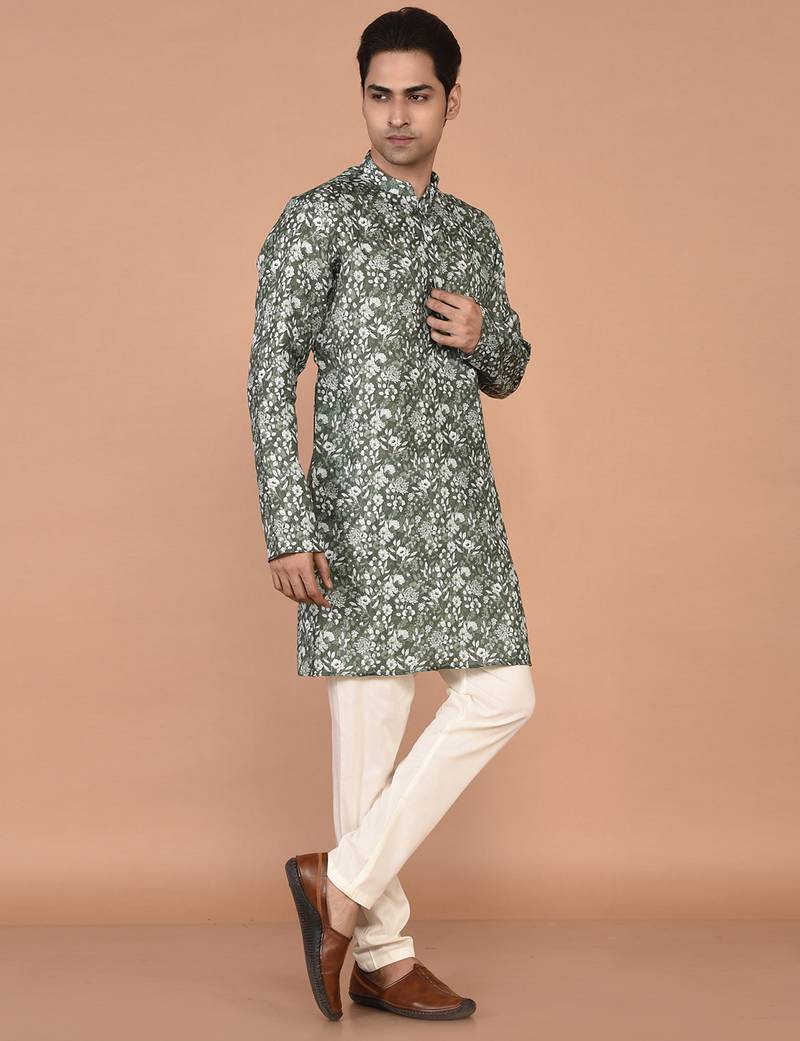 Men's floral printed mandarin collar cotton kurta