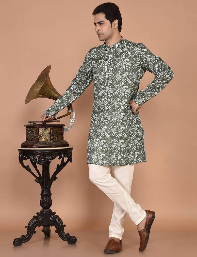 Men's floral printed mandarin collar cotton kurta