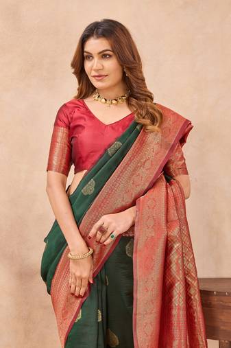 Sea green silk blend banarasi saree with unstitched blouse piece