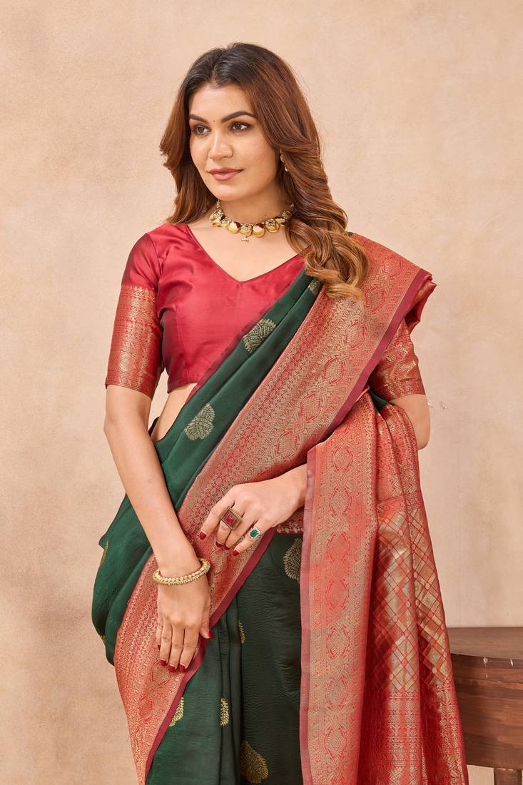 Sea green soft silk blend banarasi jacuard work designer party wear saree with unstitched blouse piece