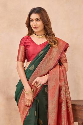 Sea green silk blend banarasi saree with unstitched blouse piece 1