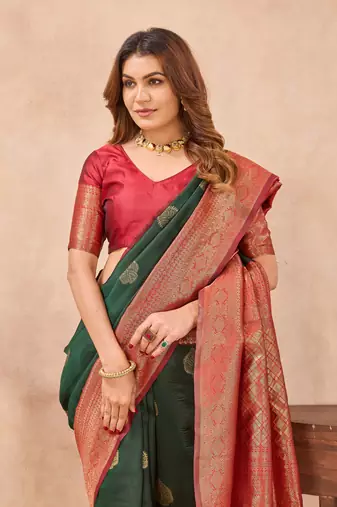 Sea green soft silk blend banarasi jacuard work designer party wear saree with unstitched blouse piece