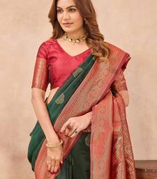 Sea green silk blend banarasi saree with unstitched blouse piece