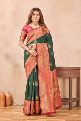 Sea green silk blend banarasi saree with unstitched blouse piece 2