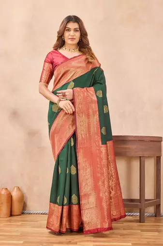 Sea green silk blend banarasi saree with unstitched blouse piece