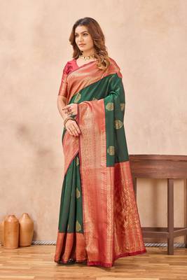 Sea green silk blend banarasi saree with unstitched blouse piece 3
