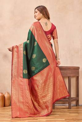 Sea green silk blend banarasi saree with unstitched blouse piece 4