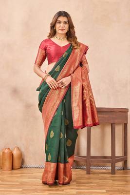 Sea green silk blend banarasi saree with unstitched blouse piece 5