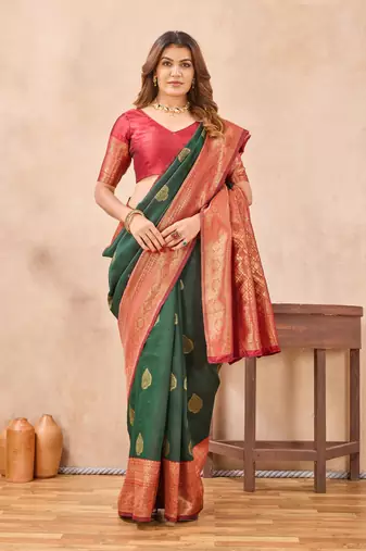 Sea green silk blend banarasi saree with unstitched blouse piece