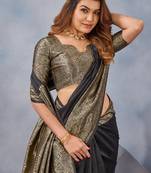 Black silk blend banarasi saree with unstitched blouse piece