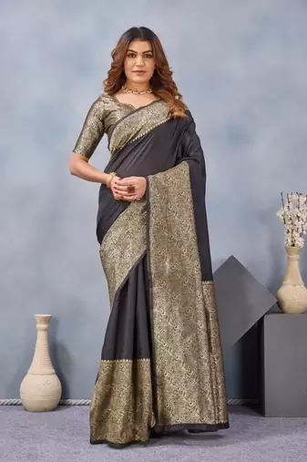 Black silk blend banarasi saree with unstitched blouse piece