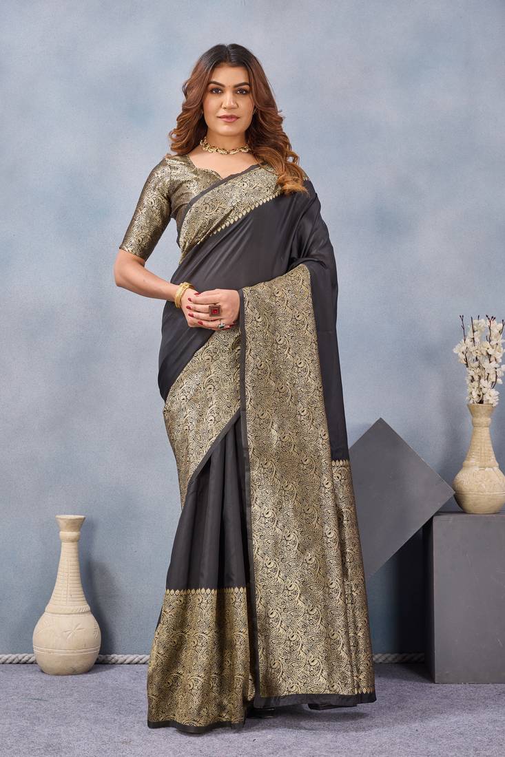 Black silk blend banarasi saree with unstitched blouse piece