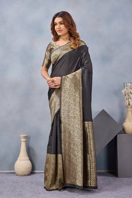 Black silk blend banarasi saree with unstitched blouse piece 3