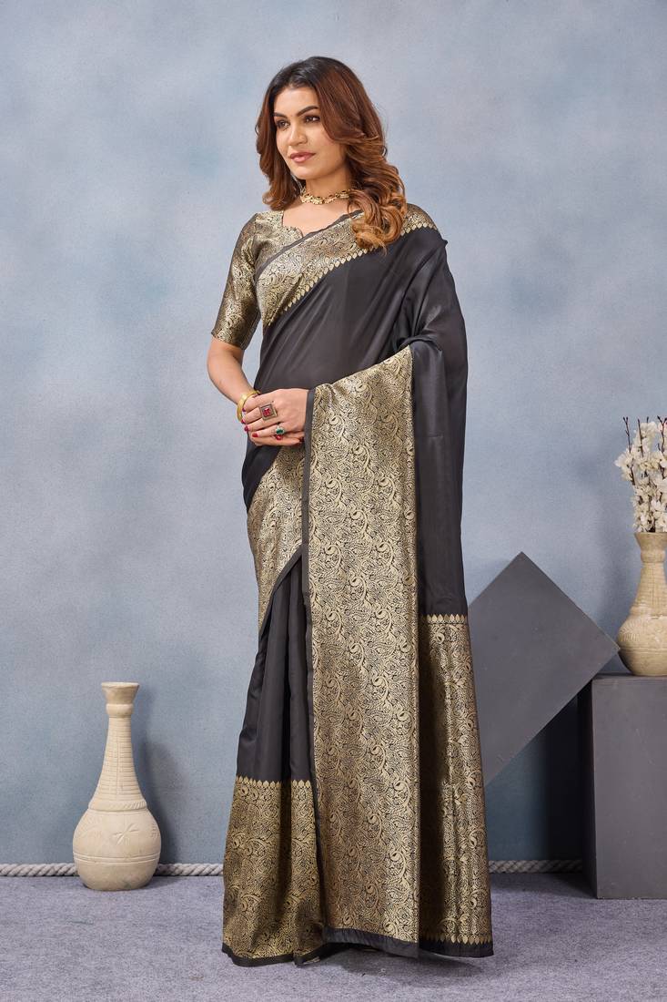 Black silk blend banarasi saree with unstitched blouse piece