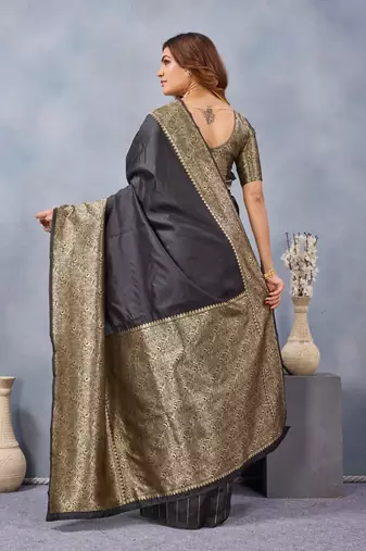 Black silk blend banarasi saree with unstitched blouse piece