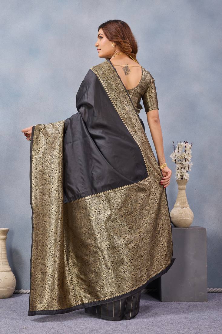 Black silk blend banarasi saree with unstitched blouse piece
